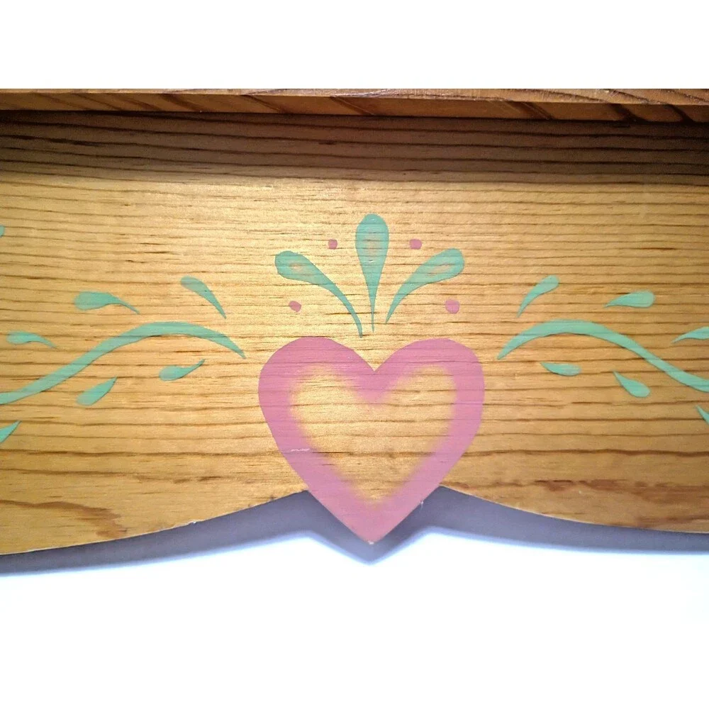 Honey Oak Corner Tabletop Shelf, Handmade, Painted Hearts, VTG Farmhouse Grandma